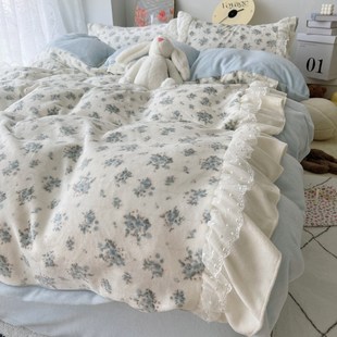 小清新碎花牛奶绒四件套蕾丝花边公主风加厚保暖W毛绒被套床 冬季