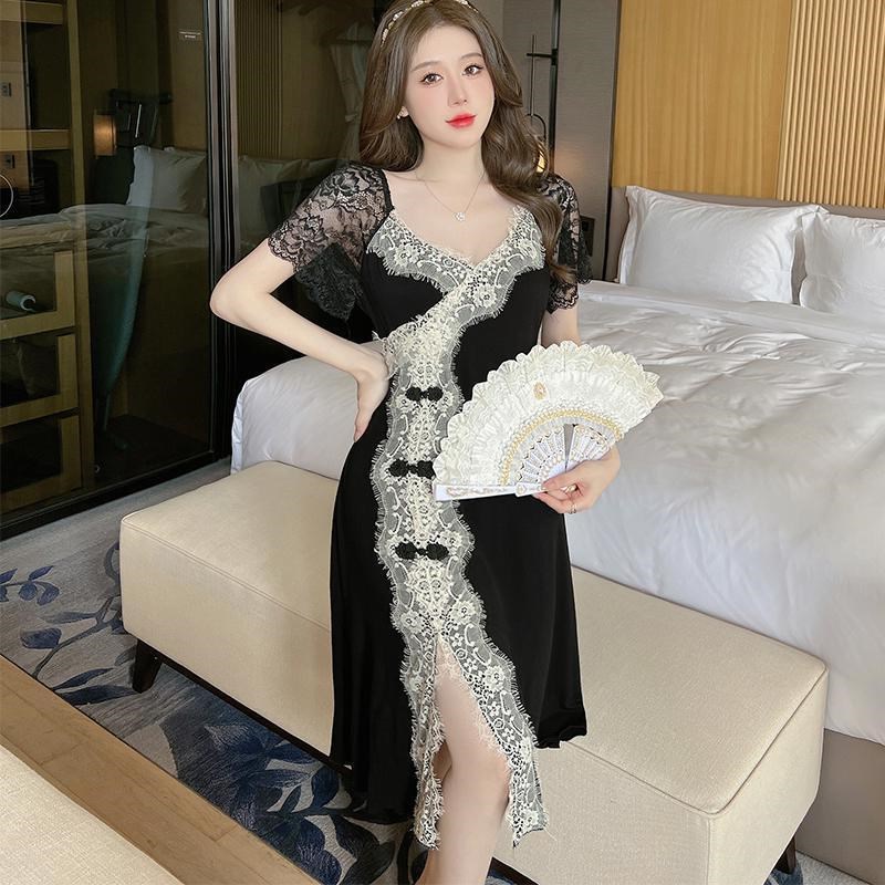 200斤特大码蕾丝拼接睡衣女装2024年胖mm新款薄款夏季吊带睡裙300