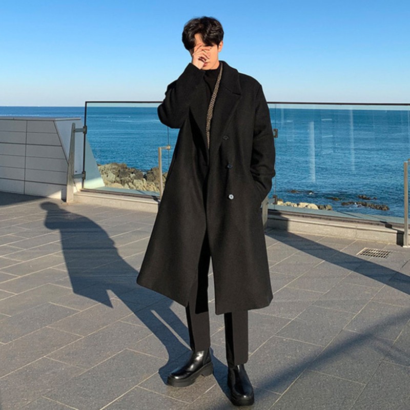 港风秋冬季毛呢大衣男中长款黑色过膝风衣L大码呢子大衣外套韩版