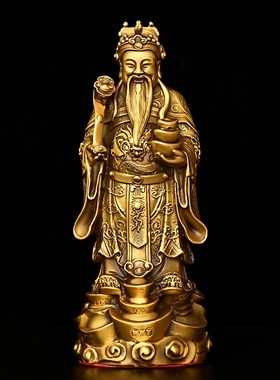 财神爷摆件纯铜h文财神家用客厅元宝如意财神办公室桌面装饰站财