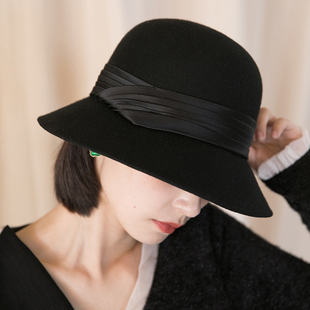 秋冬帽子女英伦复古渔夫帽女士时尚羊毛呢毡帽韩版百搭黑色礼帽潮