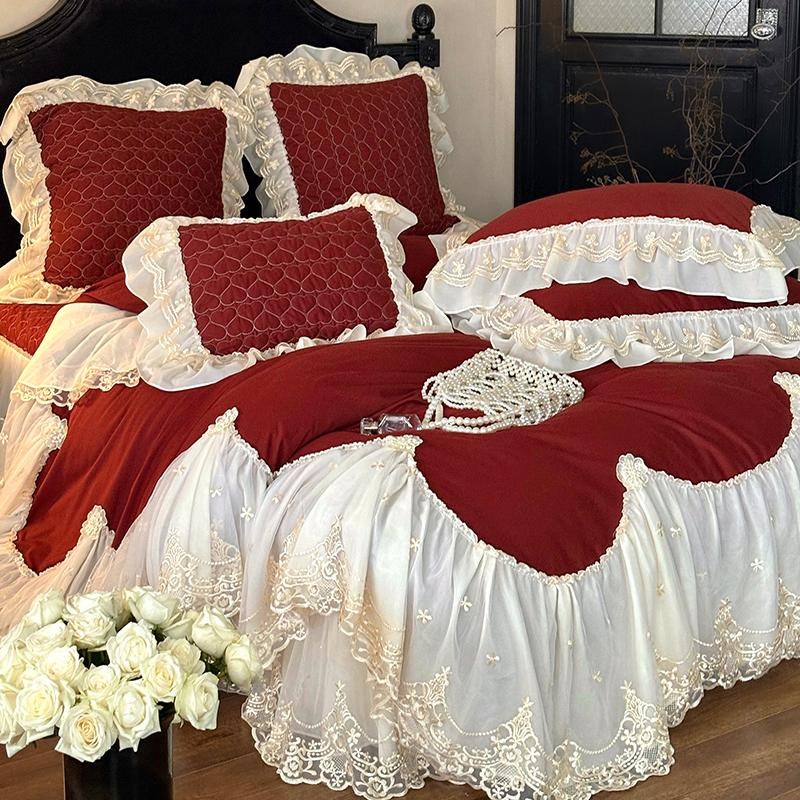 公主宫廷风红色结婚庆纯棉四件套复古被套长绒棉磨毛出嫁床盖床品