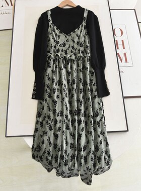 阔系20c24秋冬黑色打底针织毛衣法式气质丝绒碎花吊带连衣裙套