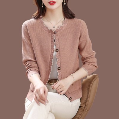 100纯羊毛针织开衫女外搭2025春装新款宽松中年薄款短款毛衣外套