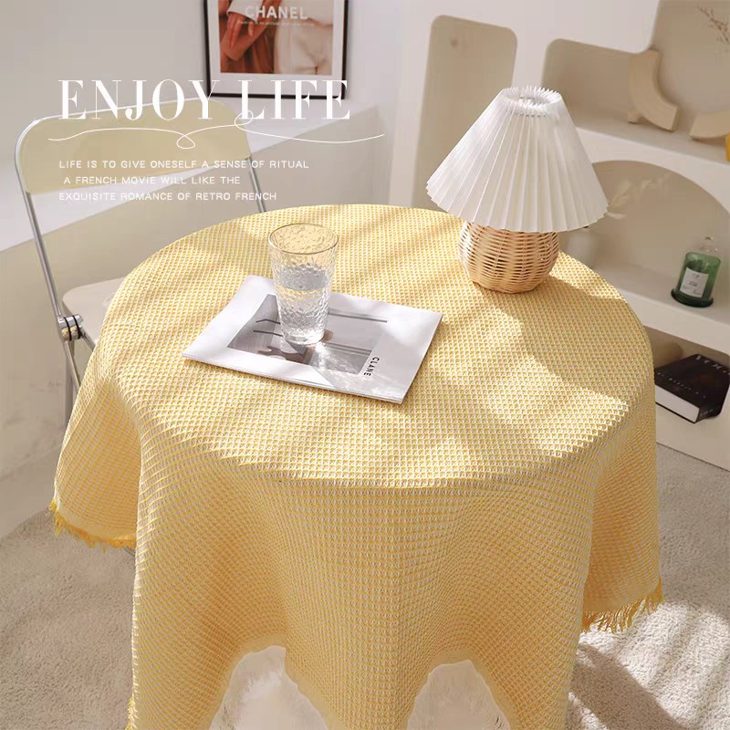幼儿园桌布田园风棉麻日r系格子小清新圆桌长桌布拍照白色背景桌