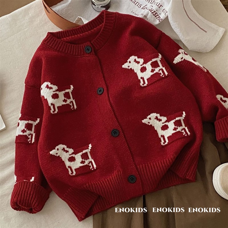 韩国儿童针织开衫男女童红色毛衣25新款新年拜年服狗狗提花外套