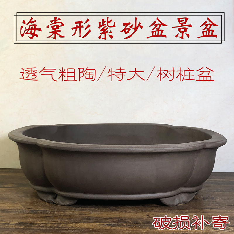 紫砂花盆特大盆景l花盆粗陶榕树老桩盆海棠形椭圆花盆陶瓷大号