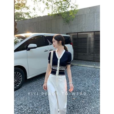 【老钱学院】依依家小个子天丝v领短款针织衫女夏时尚藏青色上衣