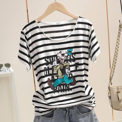 夏季新款条纹圆领竹节棉