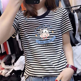 新款夏季纯棉圆领宽松黑白条纹短袖T恤2025女韩版百搭网红上衣ins