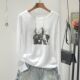 秋季 韩版 长袖 新款 圆领白色竹节棉人像图案印花女宽松T恤打底衫 潮
