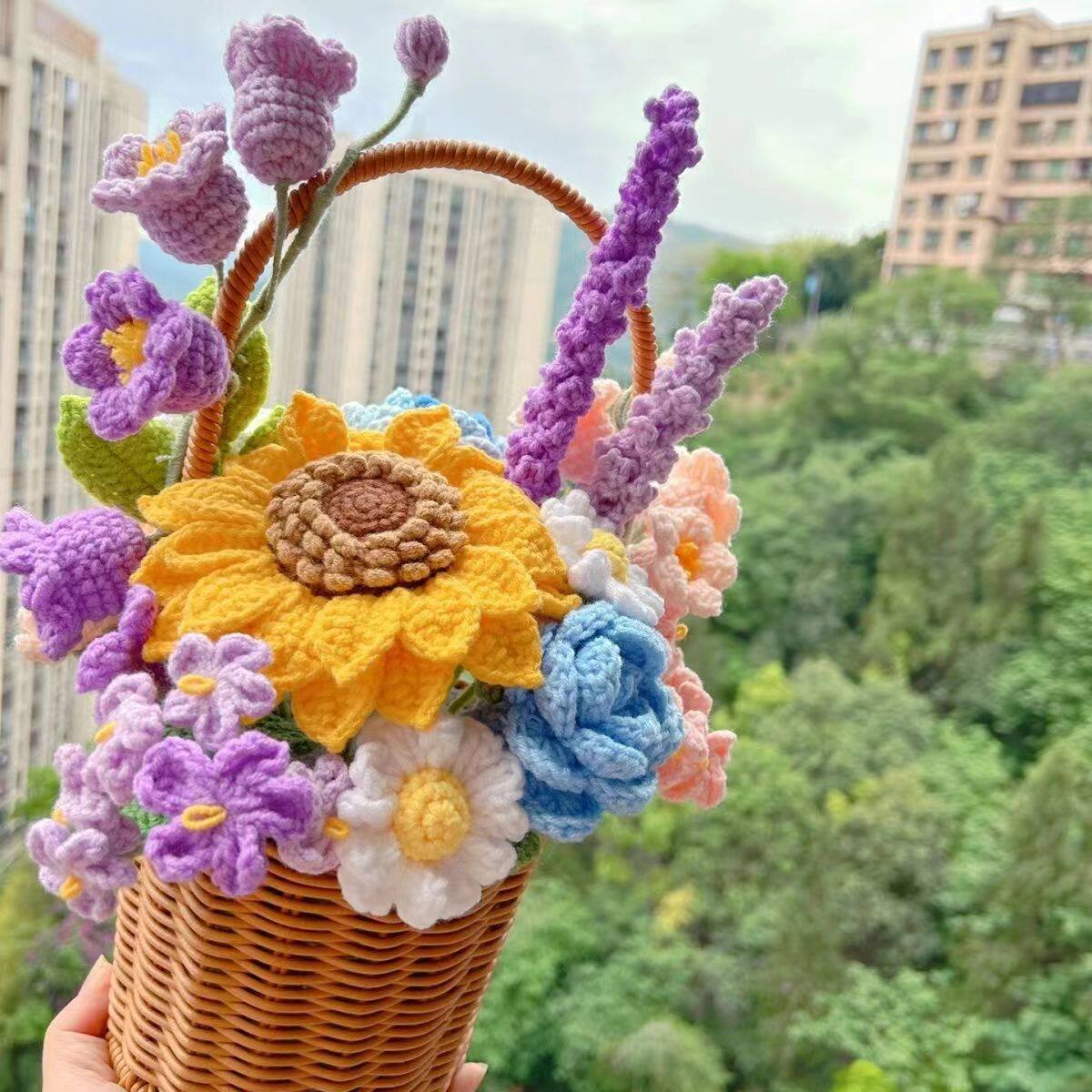 母亲节礼物diy手工编织花篮向日葵玫瑰花束混搭毛线钩织材料包