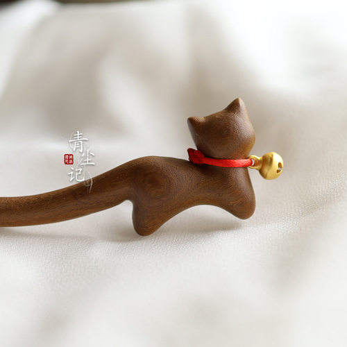 【叮当猫】檀木小猫咪古风发簪