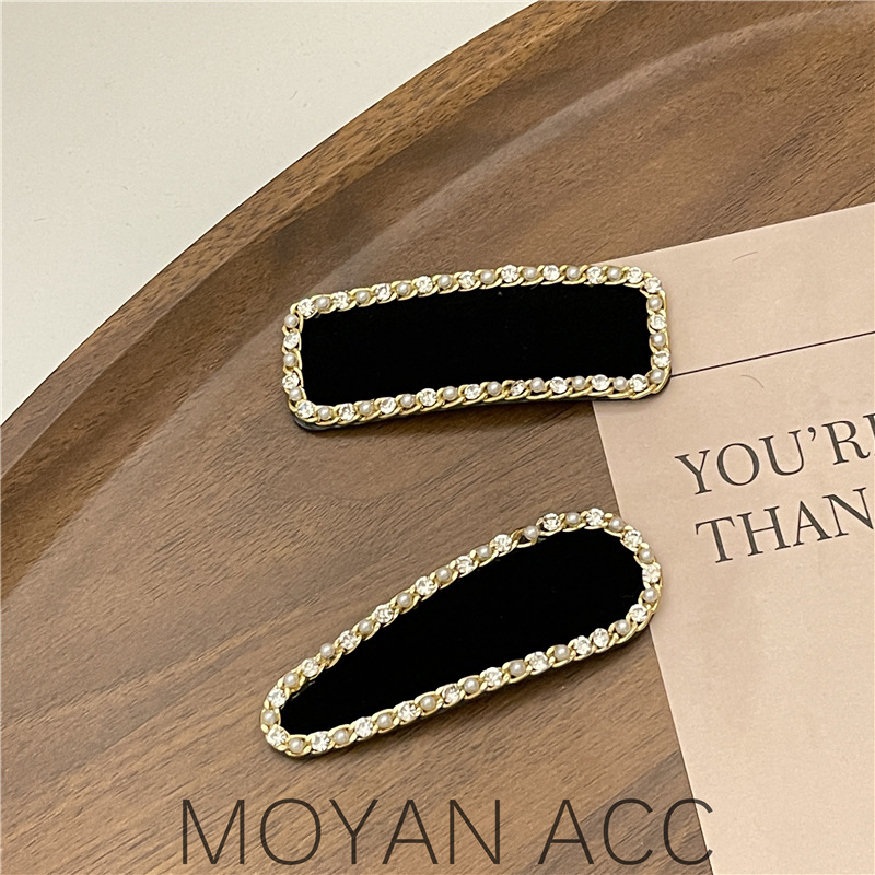 小香风黑色植绒水钻珍珠发卡发饰