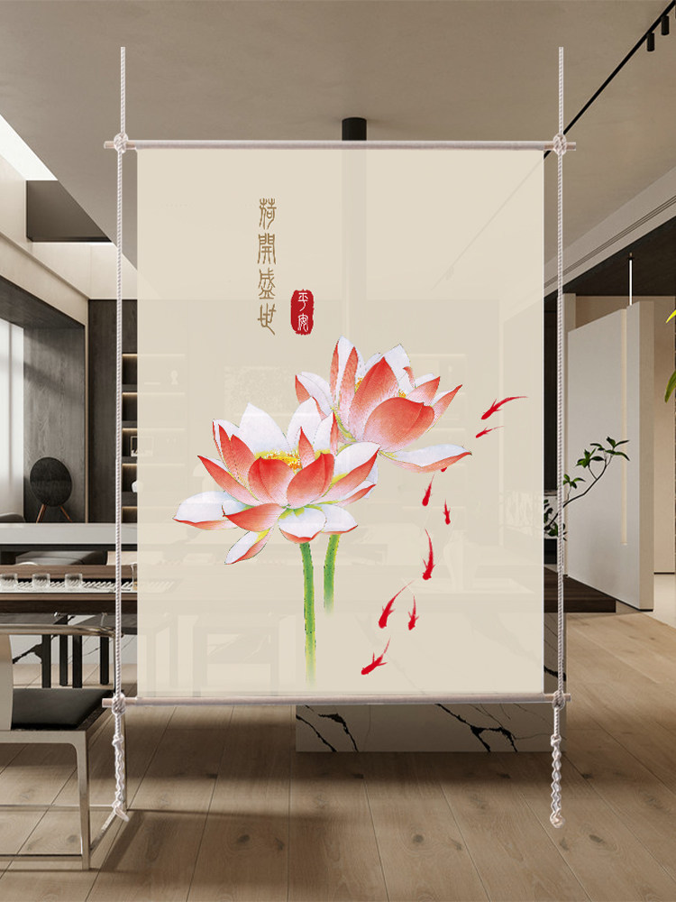 中式荷花隔断帘软屏风玄关客厅装饰帘半透棉麻门帘日式纱挂帘定制