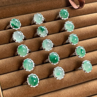 天然玉石精品翠绿色非洲翠戒指蛋面镶钻S925银指环可调节女生礼物