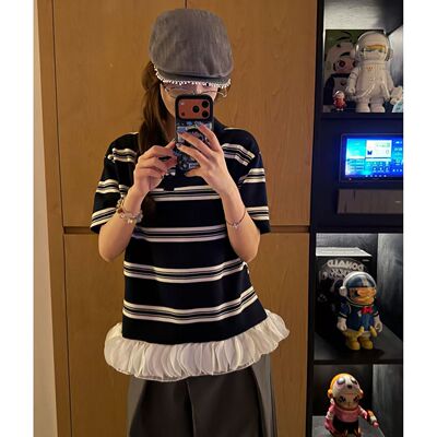 CHACHA【藏青条】藏青条纹拼花边t恤