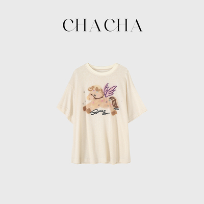 CHACHA【森野清木】休闲时尚百搭小飞马印花T恤