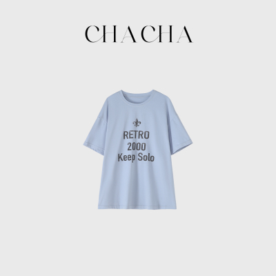 CHACHA【雾蓝千禧】休闲时尚百搭灰蓝色字母印花体恤