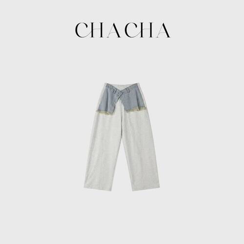 CHACHA【拼接牛仔】休闲时尚百搭假两件拼接牛仔卫裤