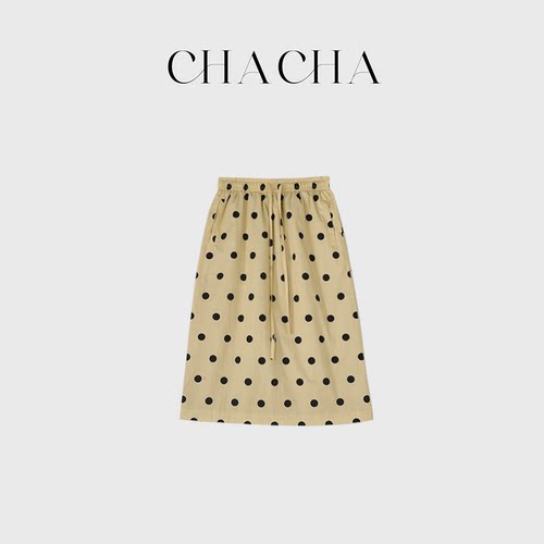 CHACHA【黄色波点裙】休闲时尚百搭黑波点黄裙子