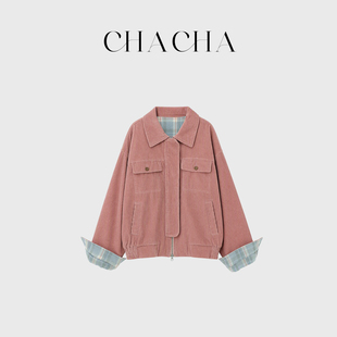 CHACHA【柔胭青格】休闲时尚百搭格子拼接粉色灯芯绒外套