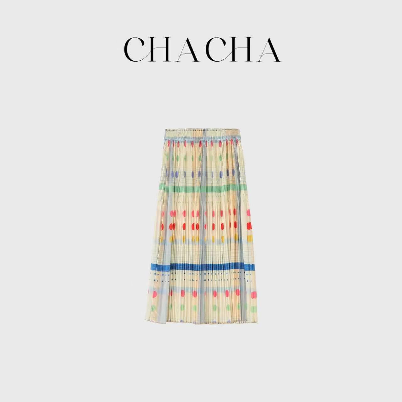 CHACHA【彩色波点半裙】休闲时尚百搭米色彩色圆点压褶半裙