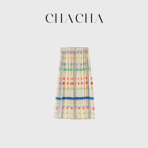CHACHA【彩色波点半裙】休闲时尚百搭米色彩色圆点压褶半裙