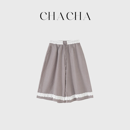 CHACHA【条纹七分裤】休闲时尚百搭浅咖色条纹七分裤
