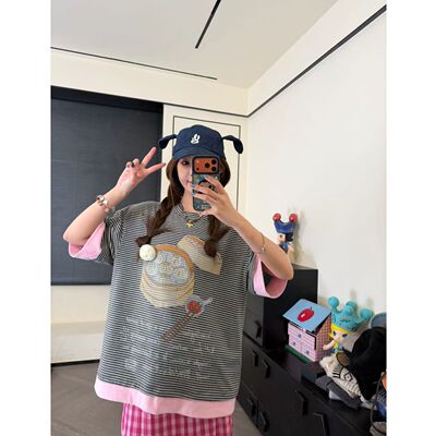 CHACHA【爱吃小笼包】休闲时尚百搭条纹小笼包印花T恤
