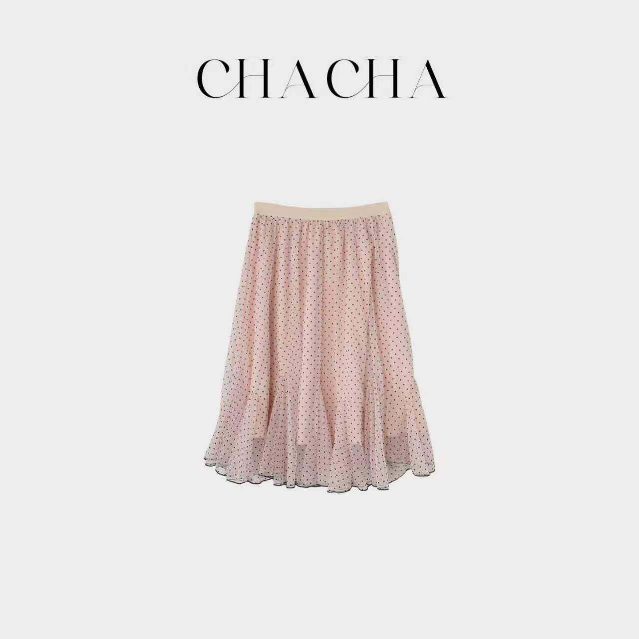 CHACHA【网纱波点裙】休闲时尚百搭粉色波点网纱裙