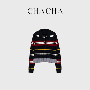 CHACHA【细语交织】休闲时尚百搭条纹拼接下摆毛衣