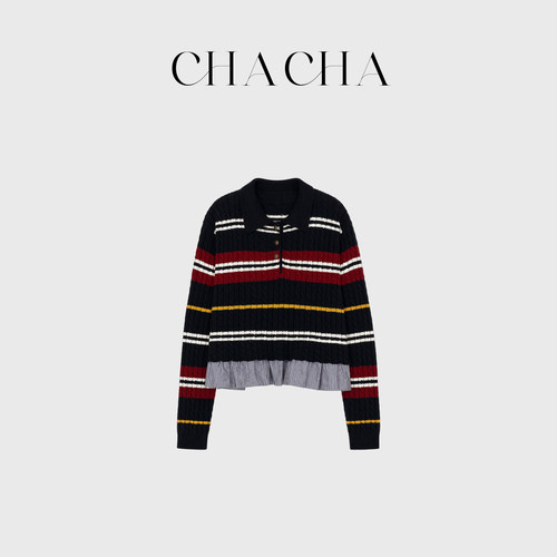 CHACHA【细语交织】休闲时尚百搭条纹拼接下摆毛衣