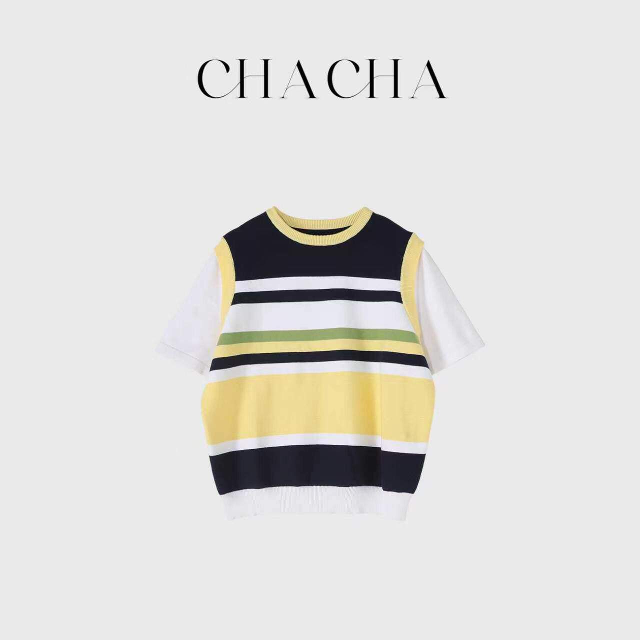 CHACHA【柠光序章】休闲时尚百搭冰感黄蓝白条纹T恤