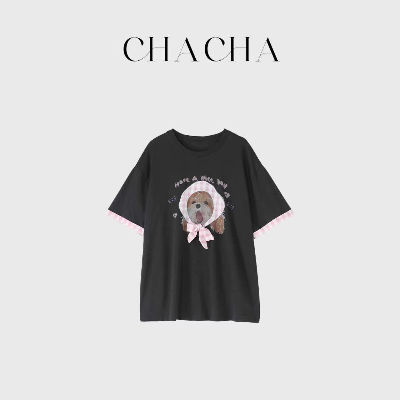 CHACHA【粉帽萌犬】休闲时尚百搭粉格子小狗印花t恤