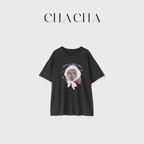 CHACHA【粉帽萌犬】休闲时尚百搭粉格子小狗印花t恤
