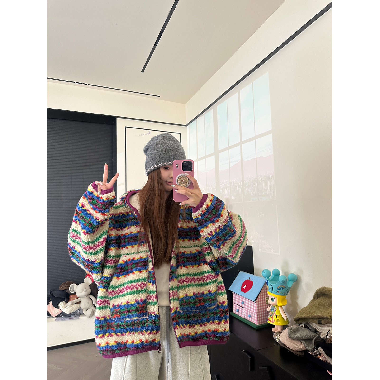 CHACHA【晚霞染秋】休闲时尚百搭彩色条纹毛呢外套