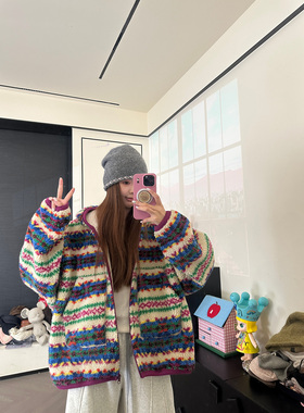 CHACHA【晚霞染秋】休闲时尚百搭彩色条纹毛呢外套