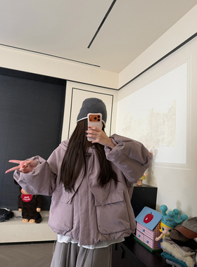 CHACHA【冬日记忆】休闲身上百搭紫色蝴蝶结设计棉服外套