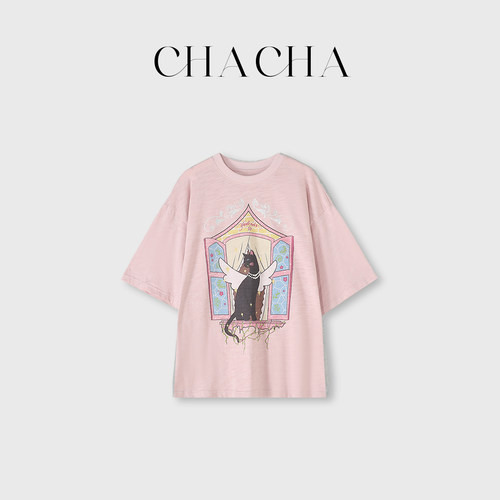 CHACHA【古堡猫使】休闲时尚百搭粉色黑色猫咪T恤