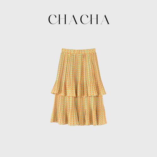CHACHA【漫野花信】休闲时尚百搭橙黄双层压褶半裙