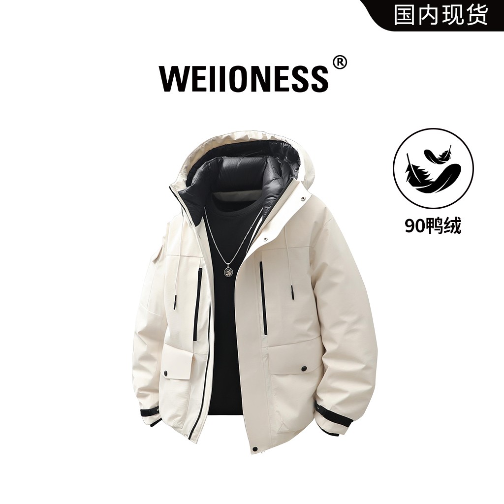 WEIIONESS美式工装鸭绒连帽羽绒服男士冬季潮流加厚保暖防风外套