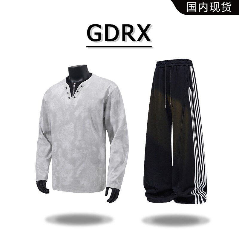 GDRX美潮百搭长袖T恤套装男春秋季休闲时尚高级设计感男装两件套