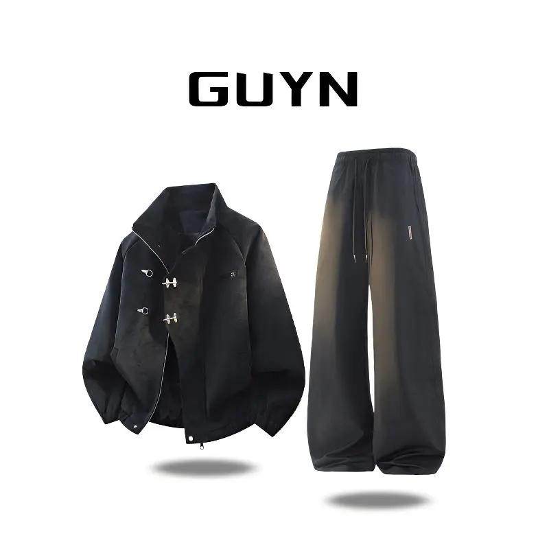 品牌正品现货】GUYN纹理感工装皮衣男秋冬潮流金属扣设计外套男装