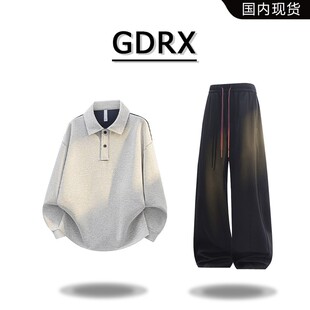GDRX美式复古风男装POLO领卫衣套装春季新款宽松百搭长袖上衣男
