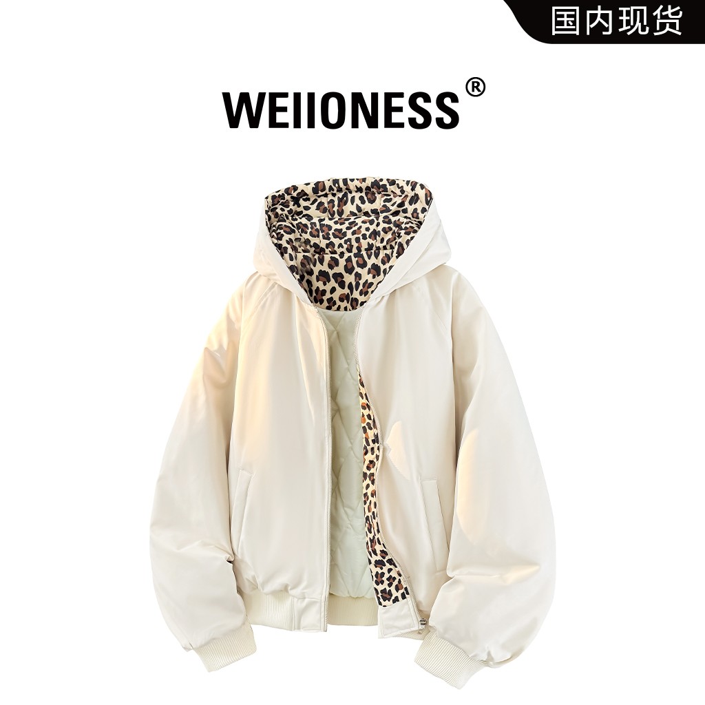 WEIIONESS美式休闲连帽棉衣男款冬季潮流豹纹印花设计感棉服外套