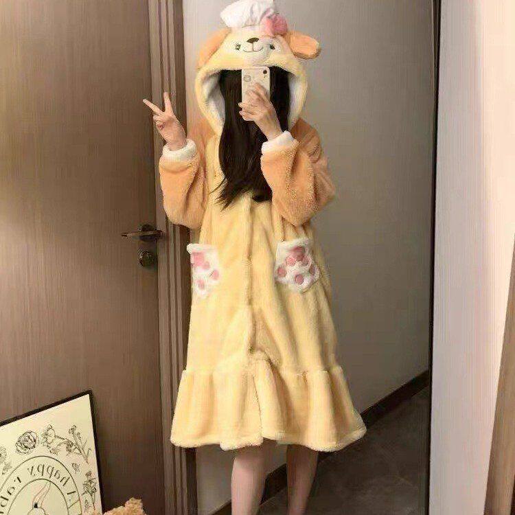 可爱卡通连帽厨师狗睡袍女款冬季毛绒贝儿加绒加厚珊瑚绒睡衣套装