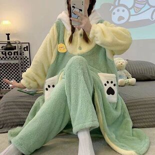 帕恰狗珊瑚绒睡衣舒棉绒睡裙加厚加大帽子款情侣新款美乐兔女长袖