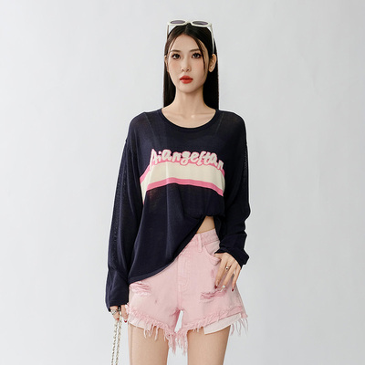 美式复古字母撞色宽松慵懒风休闲圆领套头时尚长袖毛衣842280