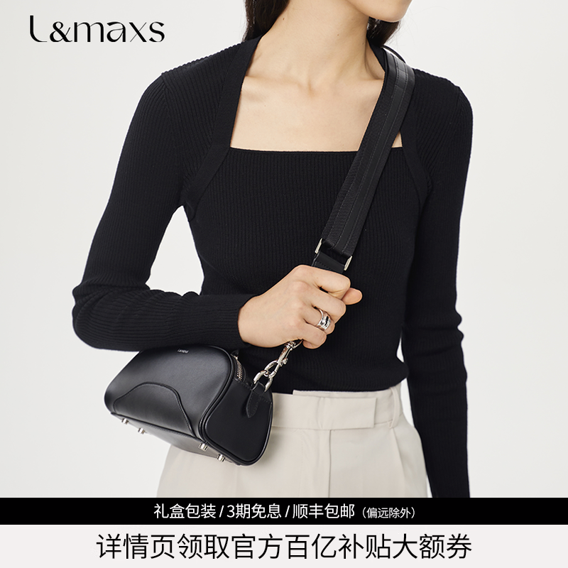 叶青同款]LMAXS保龄球包情侣款宽肩带斜挎包真皮波士顿包女手提包